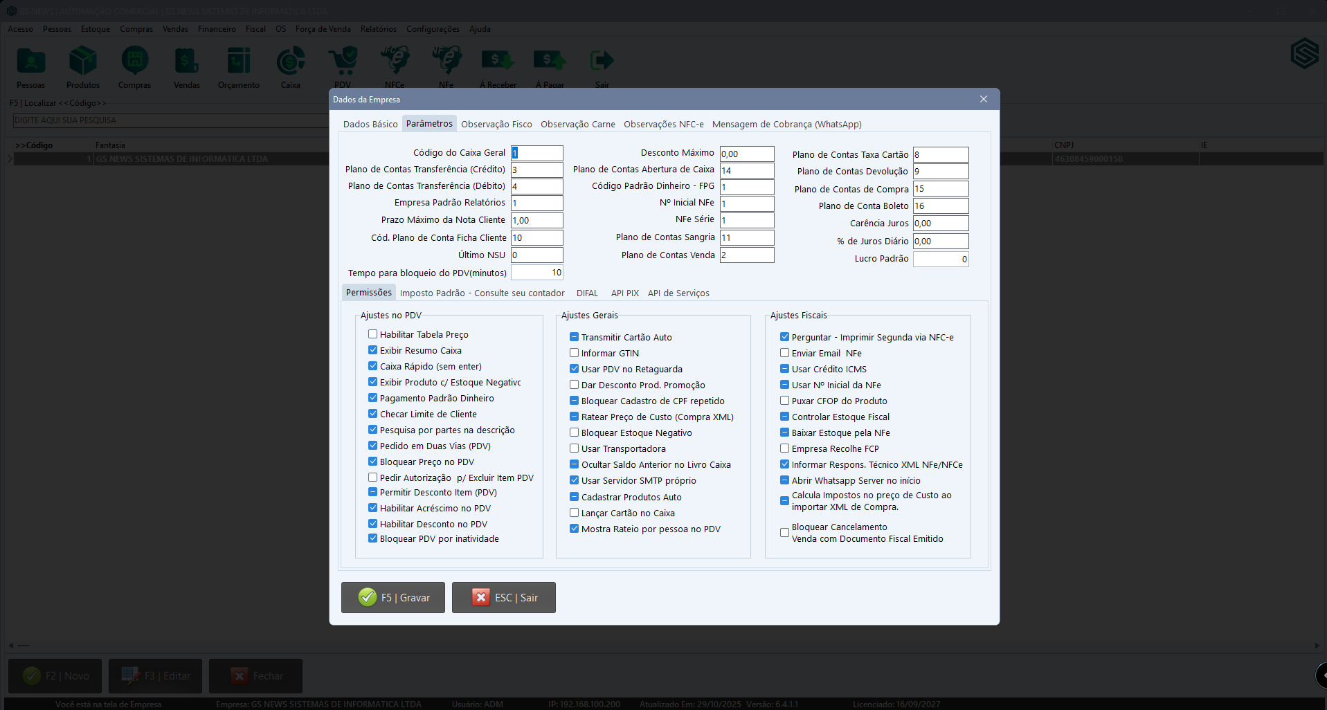 Parâmetros da Empresa